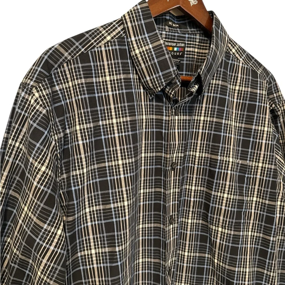 Alexander Julian‎ Button Up No Iron Men's Shirt Sz XL Black Blue Plaid Preppy